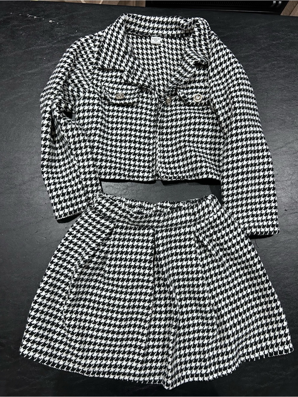 SHEIN Houndstooth Cropped Jacket & Skirt Set - Black & White